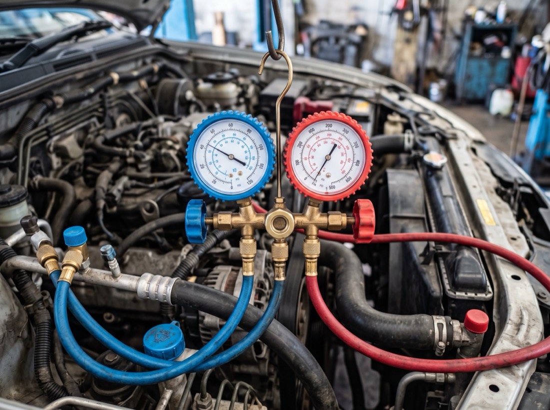 Manometers van een airco-servicestation aangesloten in de motorruimte