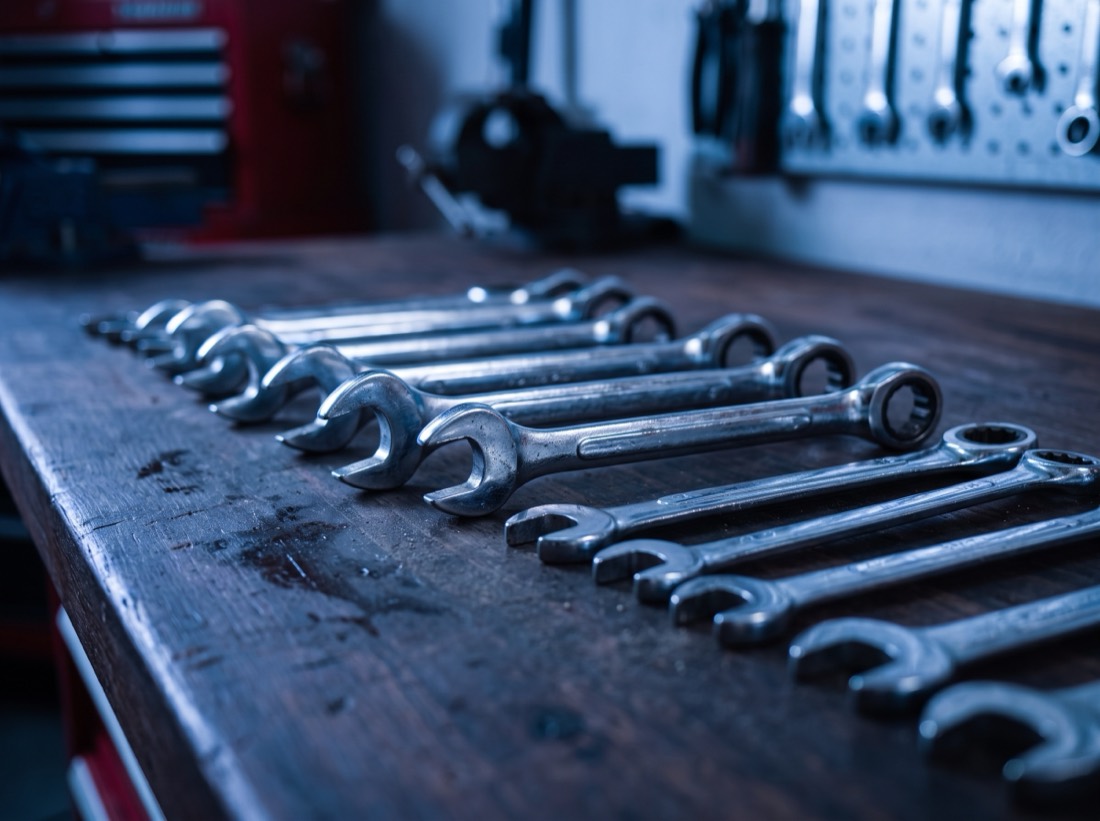 Gereedschap op de werkbank in de werkplaats