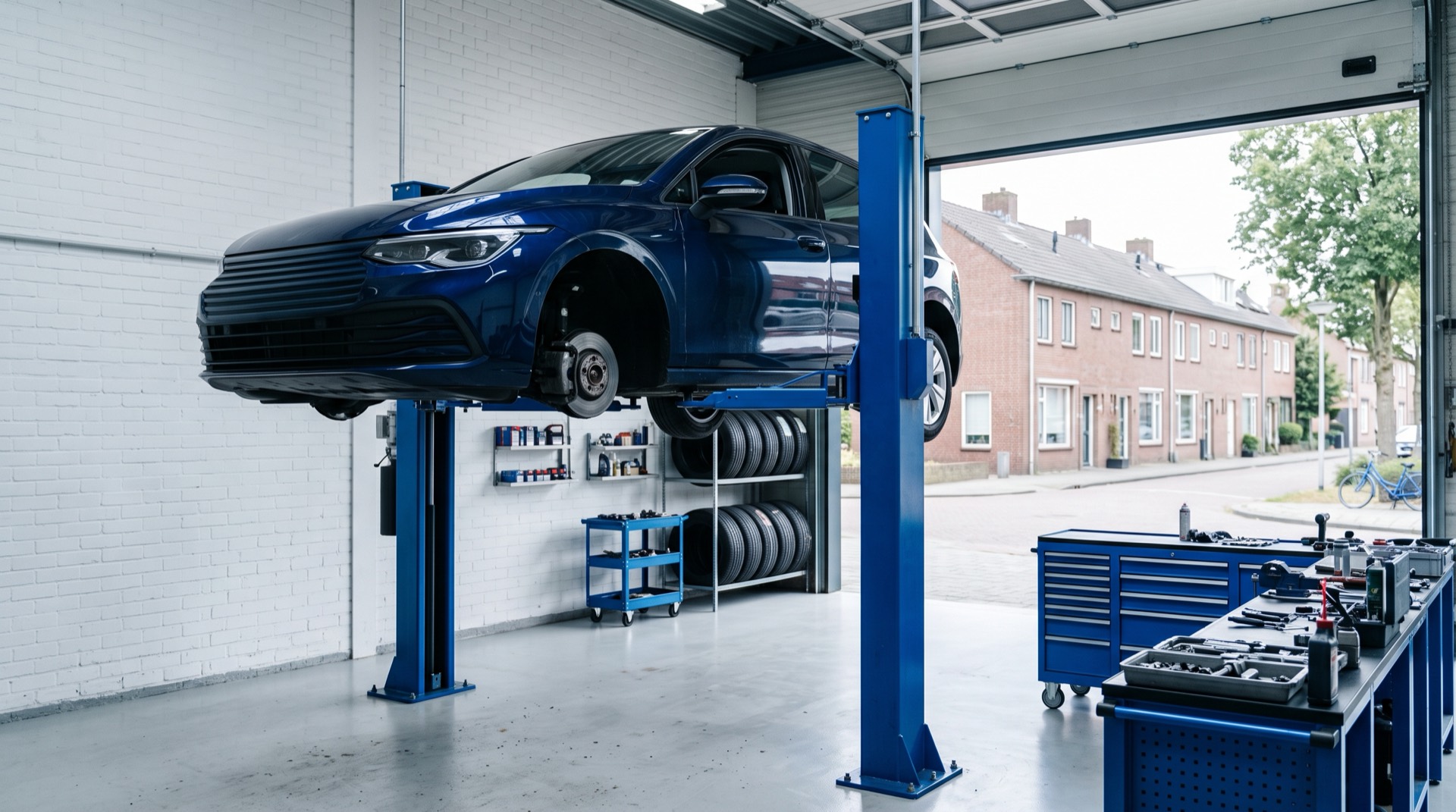 Moderne werkplaats met een auto op de hefbrug